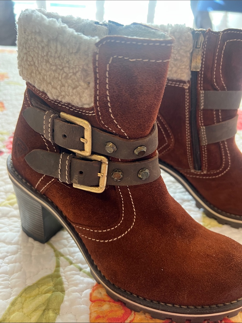 Tamari Chestnut Suede Shearling-Trim Heeled Ankle Boots Shoes
